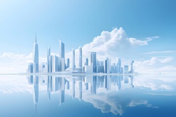 Aufkleber - 穏やかな水面に映る白い高層ビル群と青い空のミニマルな都市景観の反射