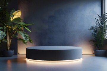 Aufkleber - 灰色の円形ステージの背景に観葉植物と間接照明があるモダンスタイルインテリアの静物画