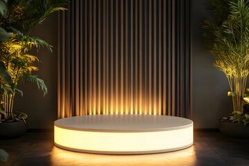 Aufkleber - 照らされた円形ステージと植物が特徴のミニマリストの屋内プレゼンテーションプラットフォーム