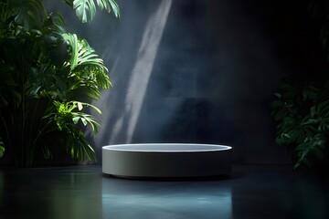 Poster - 植物と影の白い製品展示台 緑の葉に囲まれた屋内環境の暗い背景に白い円形の展示台を備えたミニマリストの製品プレゼンテーション
