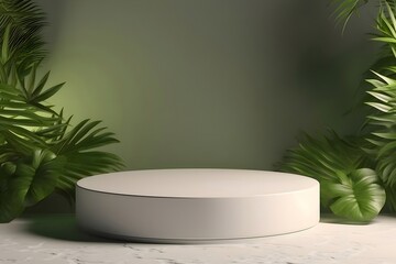 Aufkleber - 緑の葉に囲まれた白い円形のプラットフォームがライトグリーンの背景にあり、製品のプレゼンテーションや自然をテーマにしたデザインに最適です