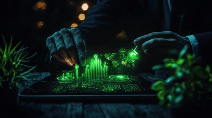 Poster - Hands interact with a futuristic digital interface of data visualizations