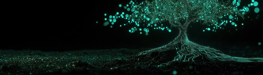 Poster - An illuminated tree with digital circuits representing roots and branches