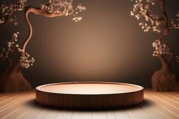 Aufkleber - 穏やかな背景と木製の木の3Dレンダリングの抽象的な茶色の円形ステージプラットフォーム