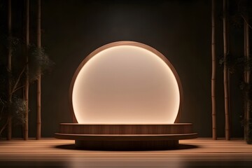 Aufkleber - 木製の円形ステージ 竹の背景 柔らかい照明 ミニマリストデザイン