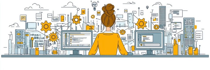 Woman programmer working with multiple computer screens, surrounded by coding, data, and server icons, symbolizing complex software development and system management