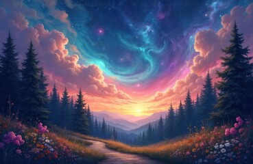Aufkleber - Whimsical starry night sky with colorful nebulae swirling, casting magical glow. Stars shine over landscape, path through forest, fields, colorful flowers in foreground. Sunset sunrise colors.