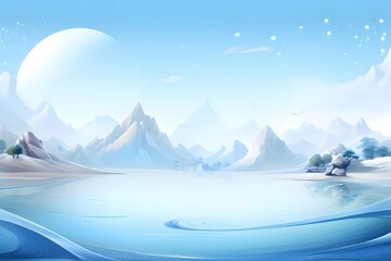 Poster - 雪山と穏やかな湖の冬の風景 青と白のピクセルアート 山脈が背景に広がる静かで美しい雪景色