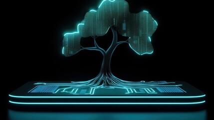 Poster - A Glowing Digital Tree Growing on a Platform in Darkness