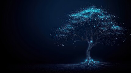 Poster - A Glowing Digital Tree Illuminated Against a Dark Blue Background
