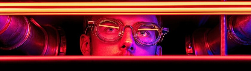 Poster - Person wearing glasses looks up through a frame of red neon light