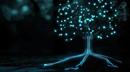 Poster - A digital tree is glowing and standing in a dark environment