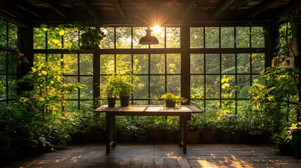 Poster - The inside of a greenhouse surrounded by lush green vegetation