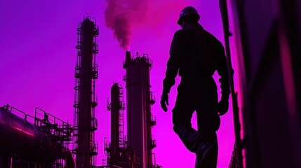 Poster - Silhouette of a worker inspecting an industrial plant with smoke rising