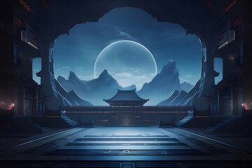 Aufkleber - 青い夜空の下の中国の伝統的な建物の壮大な眺め 未来的な要素とミニマリストのディテールが特徴的な山の風景