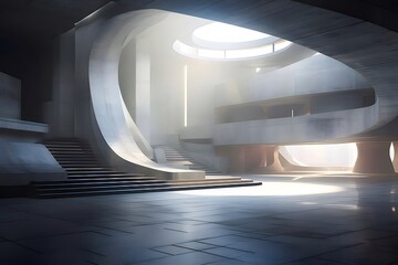 Poster - コンクリート建築のインテリア デザインと幾何学的形状と柔らかい光のある未来的な空間