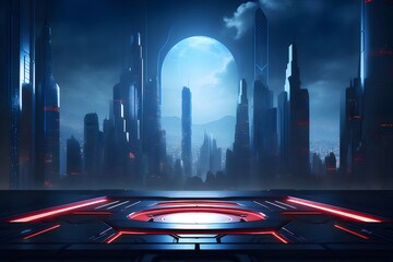 Poster - 赤いアクセントで夜に輝く未来都市のデジタル抽象風景 雲のある空と高い青い高層ビル群