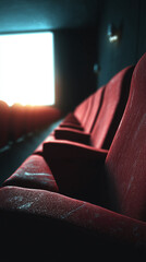 Aufkleber - Close-up of red, textured seats in a dimly lit theater, showcasing a worn, vintage aesthetic suggesting history and stories, ideal for nostalgic or cinematic concepts