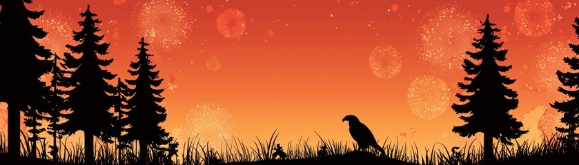Poster - Silhouette view of forest trees and fireworks over a bird