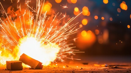 Poster - Explosive Blast Safety Concept, Captivating Nighttime Explosion Illuminating Surroundings with Bright Sparks and Fiery Light