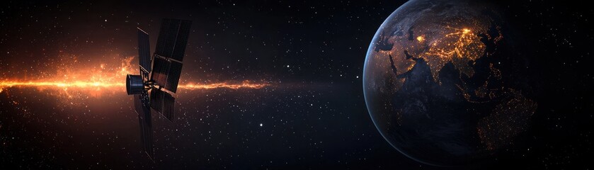 Poster - A satellite beaming energy towards the illuminated planet in space