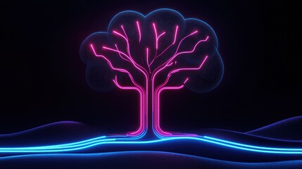 Poster - An illuminated neon tree is depicted against a dark backdrop