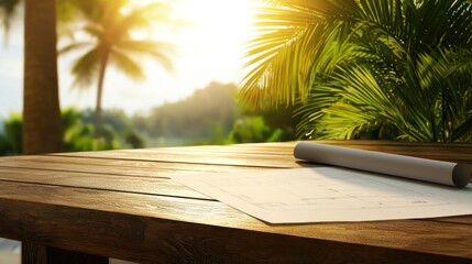 Poster - Architectural plans rest on a tropical wood table under sunlight
