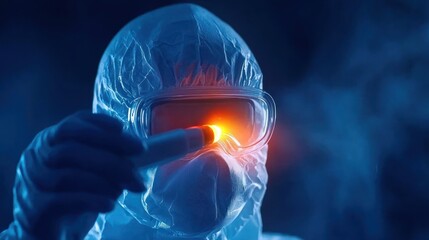 Poster - A person in protective gear holds a glowing device