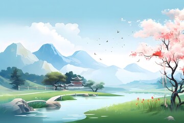 Aufkleber - 青い空と山の背景に桜の木が咲き穏やかな湖畔の風景 美しいパステルカラーのイラストレーション