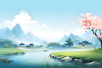 Poster - 青空の下の日本の風景 山と川と桜の木があるピクセルアート