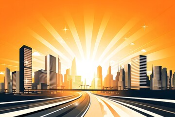 Poster - オレンジ色の光が差し込む都市の景観 道路と高層ビル群が印象的な都会のスカイラインの抽象的なイラスト