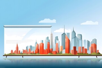 Poster - 現代的な建築のスカイライン 都市の背景に抽象的な高層ビルと明るい青空と雲のベクトルイラスト