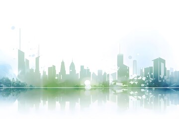 Aufkleber - 青と緑の抽象的な都市景観のシルエットが水面に反射して映る都市のスカイラインベクトルイラスト