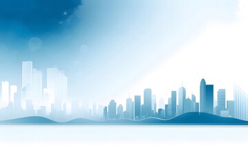 Poster - ソフトブルーと白の背景に抽象的な都市景観のシルエットと高層ビル デザインテンプレートと都市の風景 パノラマを様式化