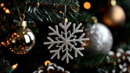 Poster - Sparkling Christmas Tree Displaying Decorative Ornaments And Festive Twinkling Lights