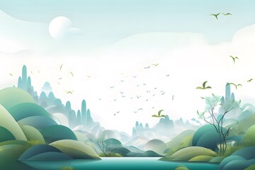 Poster - ターコイズ湖に浮かぶ抽象的な山の鳥の群れの緑豊かな風景イラストレーション