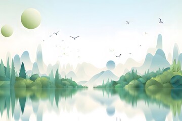 Aufkleber - 緑の木々が茂る穏やかな湖と水面に山が映る静かな風景 青空と鳥が飛ぶイラスト 瞑想的な自然の風景