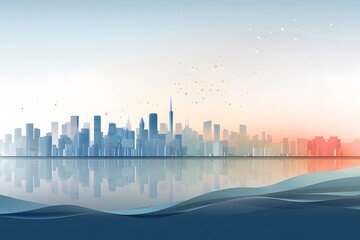 Aufkleber - 水面反射と抽象的な背景を持つ青とオレンジ色の都市スカイラインのシルエット 都市の景観デザインの背景画像