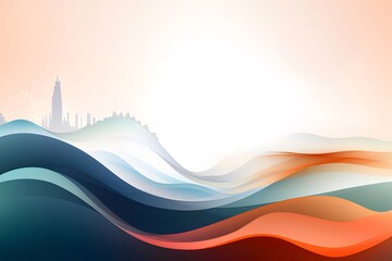 Aufkleber - オレンジと青の背景に抽象的な都市の景観の波状のデザインとグラデーション効果のある未来的なイラスト