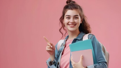 Poster - A cheerful young woman with books and a backpack points to empty space on a pink backdrop, suggesting excitement for learning and new opportunities.
