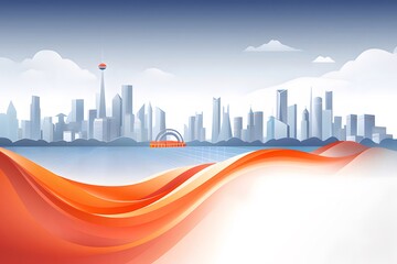 Aufkleber - 都市のスカイラインのモダンな抽象的な図 オレンジとブルーのトーンの都市景観の水の反射と現代的な建築が特徴
