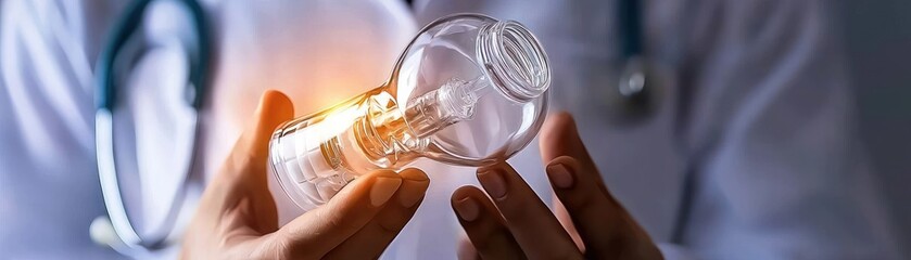 Poster - Medical professional holds a small glass vial with light inside it