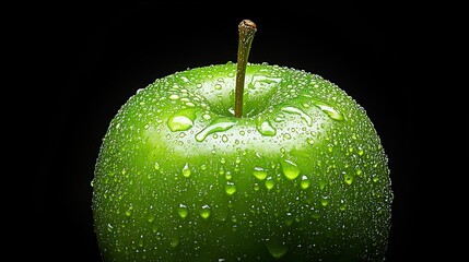 Poster - A Vibrant Green Apple Covered With Tiny Water Droplets
