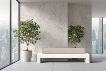 Poster - Modern minimalist interior showcase featuring a bench, potted plants, and city view, representing tranquility and contemporary design, ideal for advertising or branding