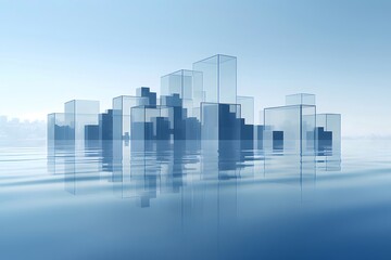 Aufkleber - 水上都市の抽象的な風景 ミニマリストデザインの青いガラス構造と反射を備えた未来的な都市景観
