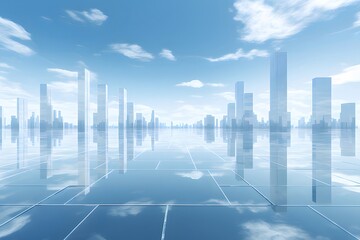 Fototapete - 青空と雲が反射する未来的な都市のスカイラインと白い建物 建築 デザイン 現代的な風景 パノラマの抽象的な背景