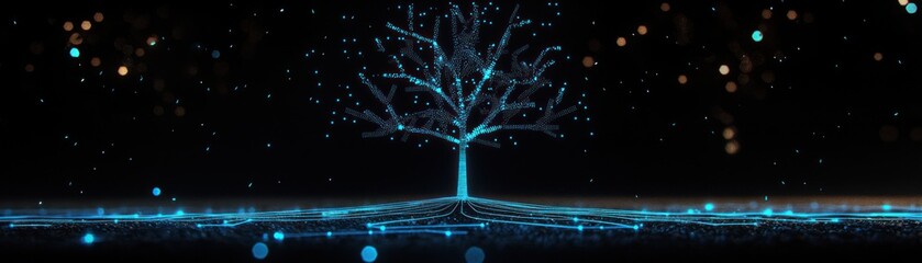 Poster - Glowing blue digital tree spreading across a dark background
