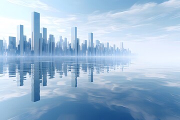 Aufkleber - 水面反射する青い高層ビル群の未来的な都市景観 パノラマの抽象的な建築デザインとビジネス街のスカイライン