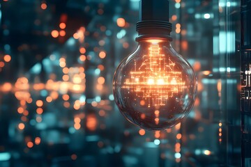 Poster - オレンジと青の背景の技術ネットワークを持つ詳細な3Dレンダリングされた電球の概念のイメージ
