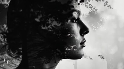 Aufkleber - Beautiful double exposure of a serene womans profile intertwined with a forest landscape captured in stunning 4k quality